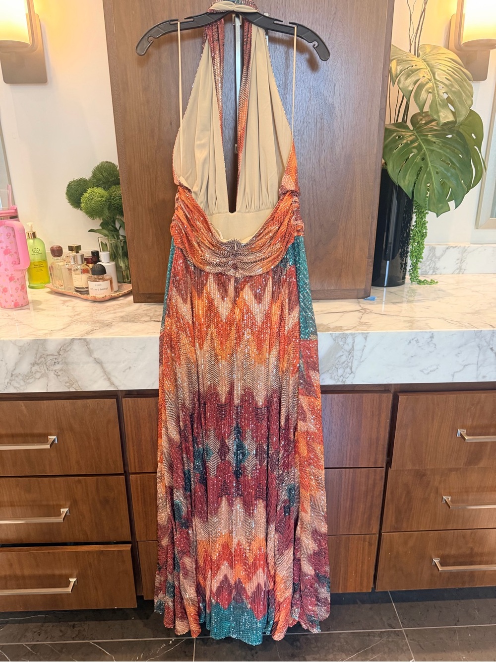 Ramy Brook Reyna Rust and Gold Plunging Halter Zigzag Maxi Dress - Picture 6 of 7